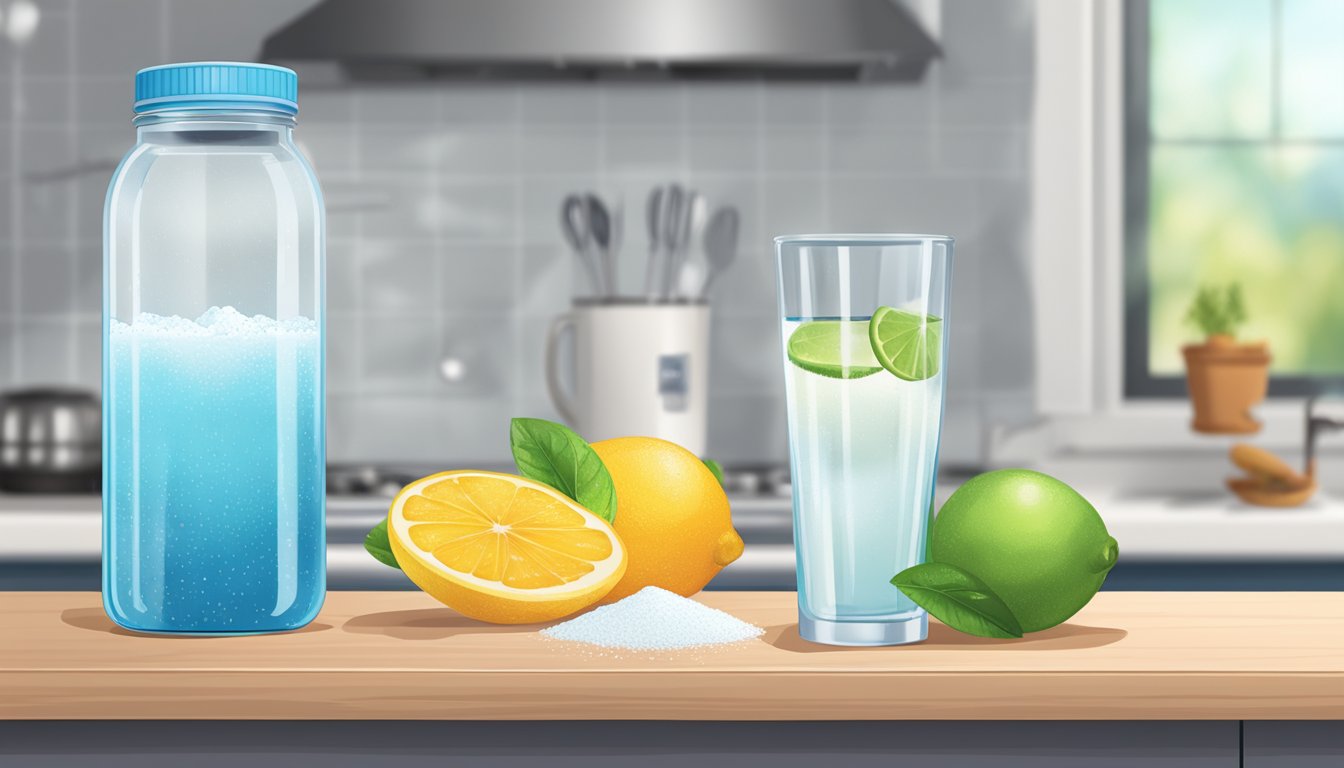 A glass of powdered electrolyte drink mixed with water sits on a kitchen counter, next to a timer set for 24 hours