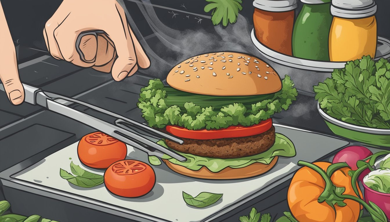 A gluten-free veggie burger sits on a grill, surrounded by fresh vegetables and herbs. The chef's hands are seen flipping the burger with a spatula