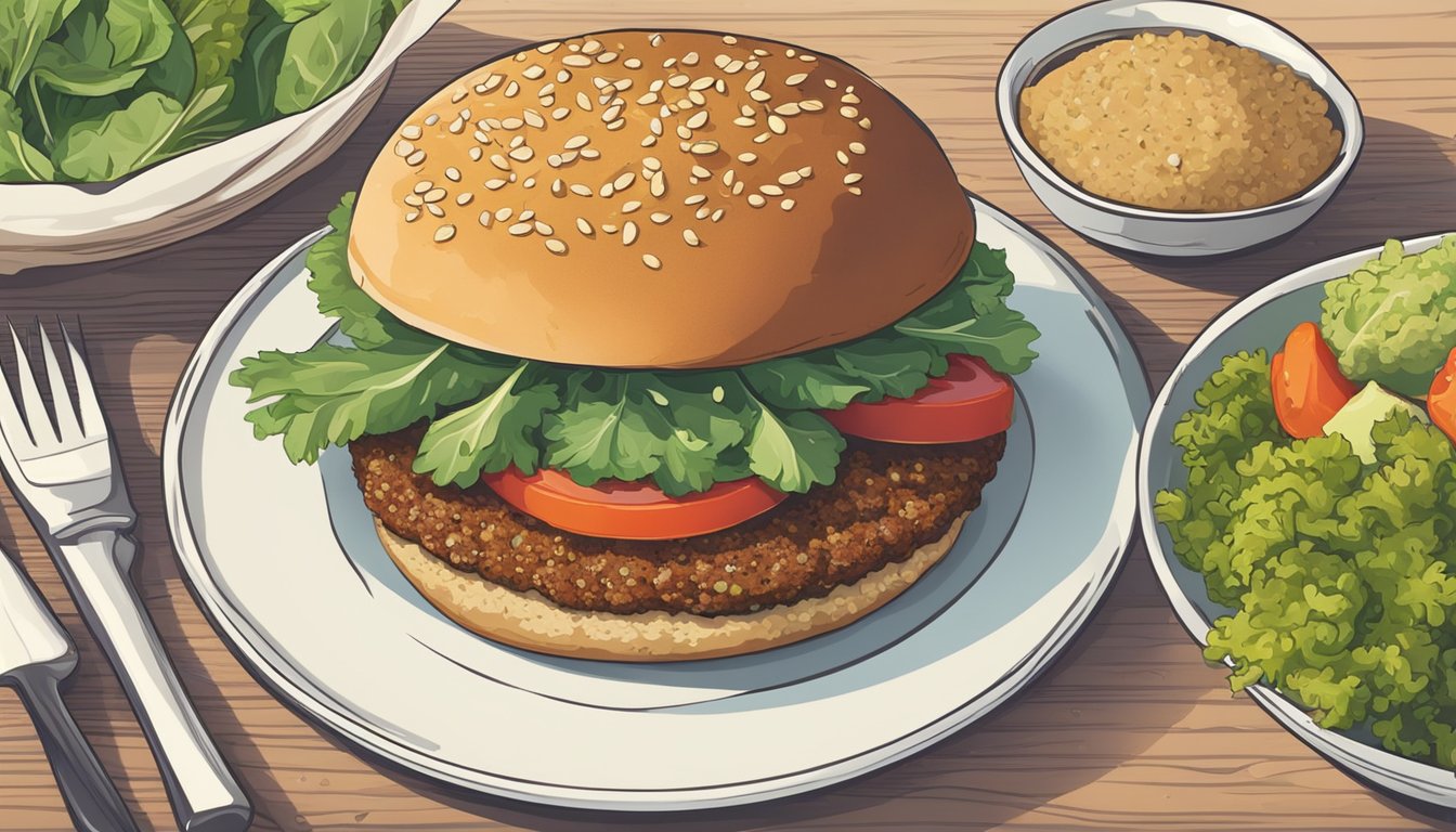 A gluten-free veggie burger sits on a plate, surrounded by fresh vegetables and a side of quinoa salad. The vibrant colors and appetizing presentation suggest a healthy and delicious meal option