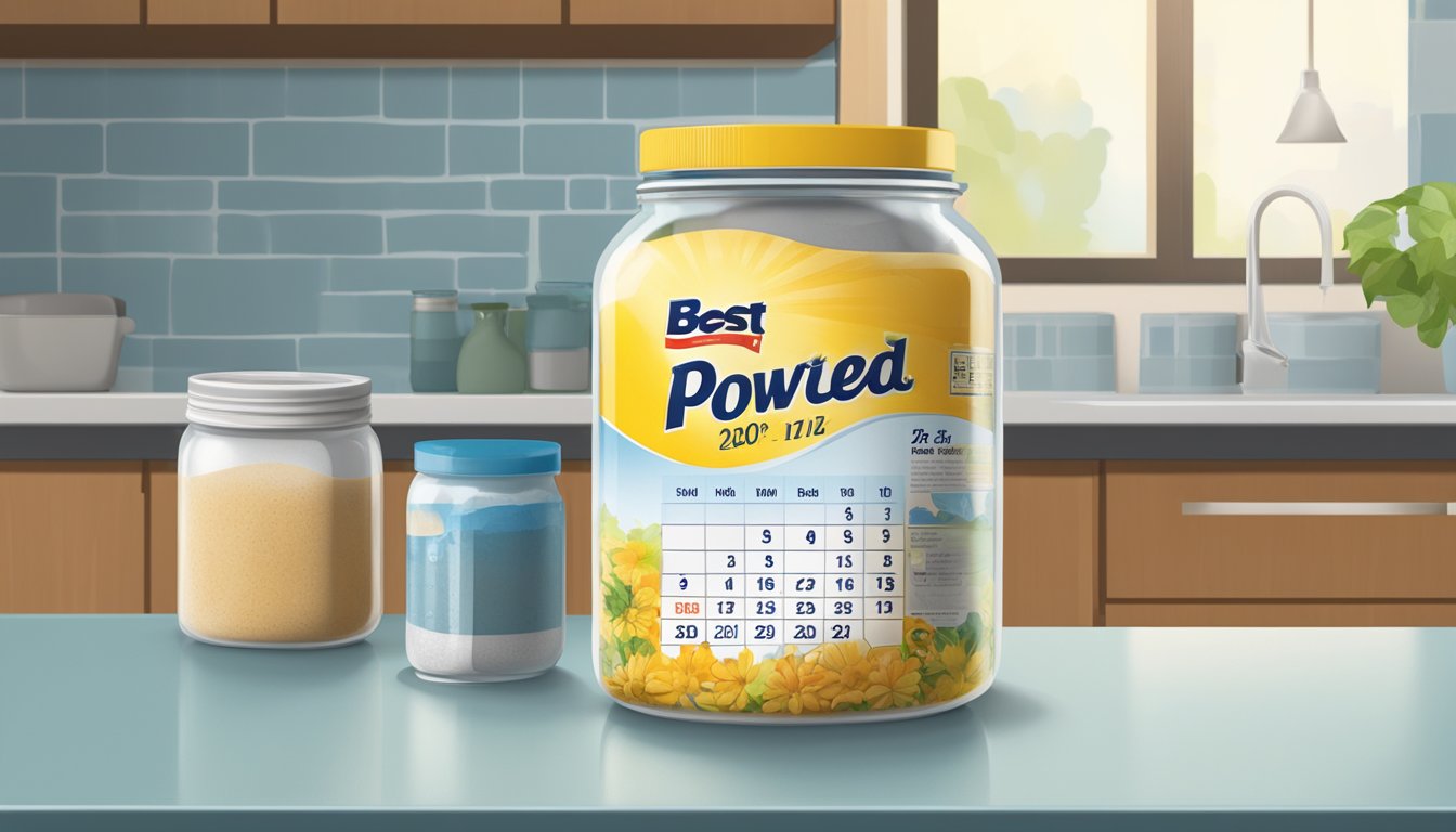 A jar of powdered drink mix sits on a kitchen counter, next to a calendar showing the current date. The jar is unopened and sealed, with a "best by" date clearly visible on the label