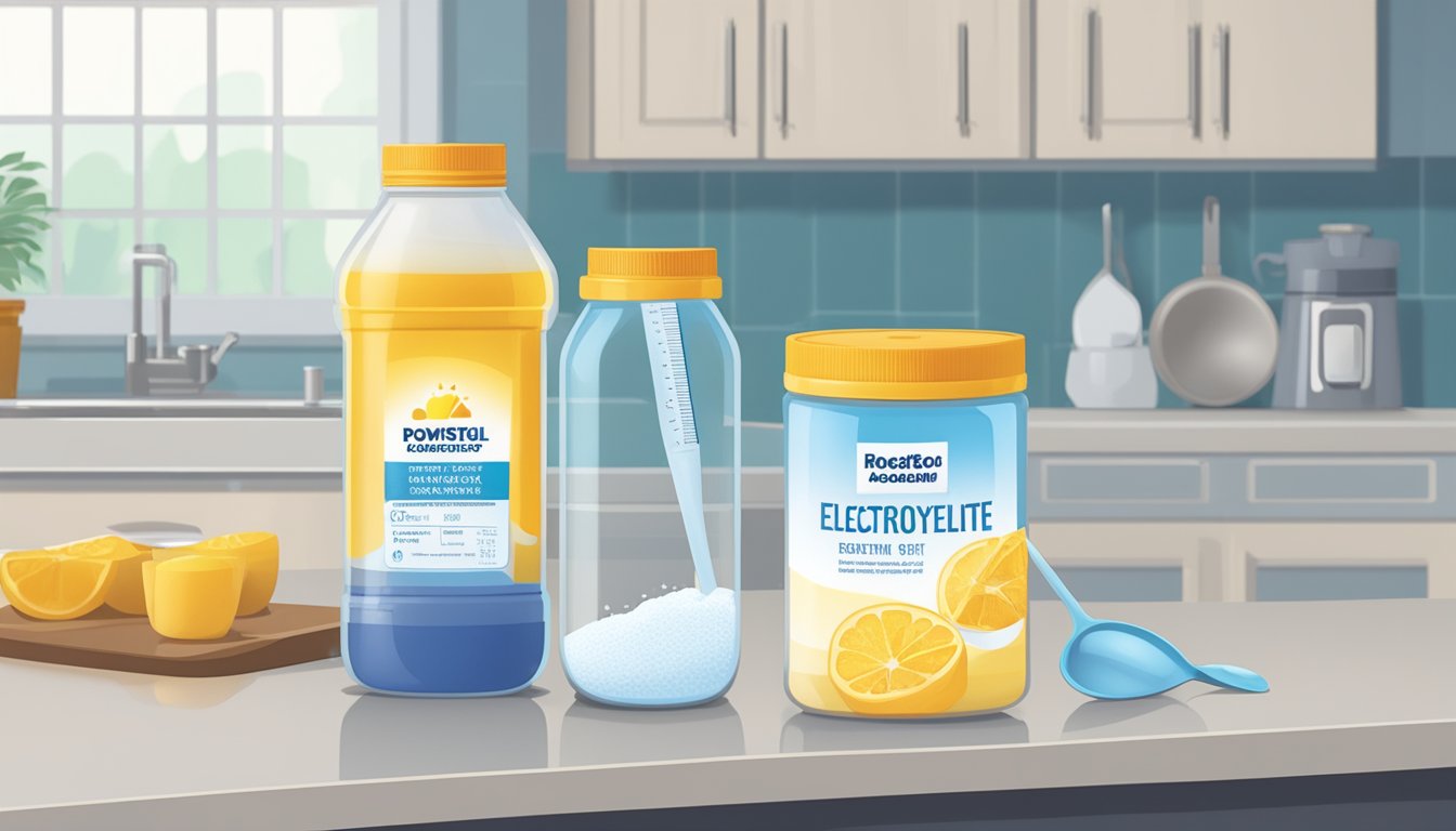 A jar of powdered electrolyte drink sits on a kitchen counter, next to a glass of water and a measuring scoop. The label on the jar indicates the expiration date