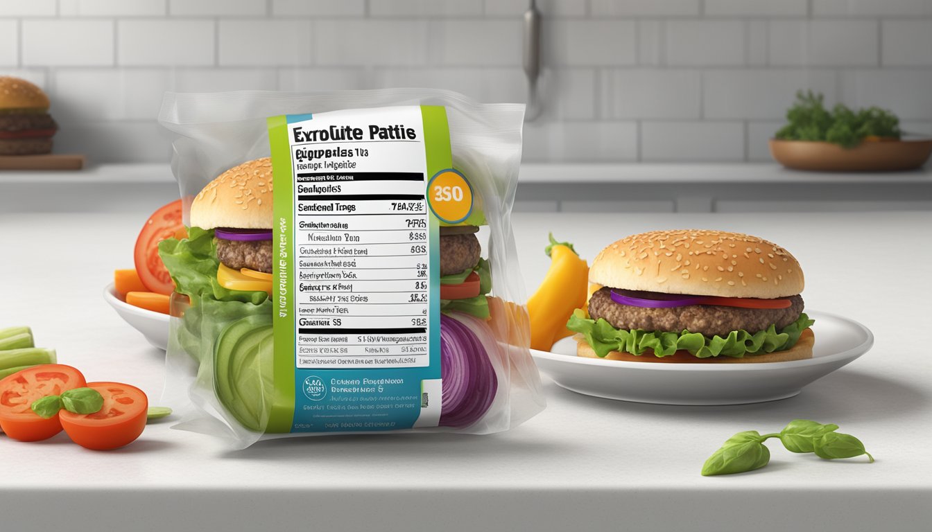 A colorful array of fresh vegetables and gluten-free burger patties arranged on a clean, white countertop, with a clear expiration date label visible