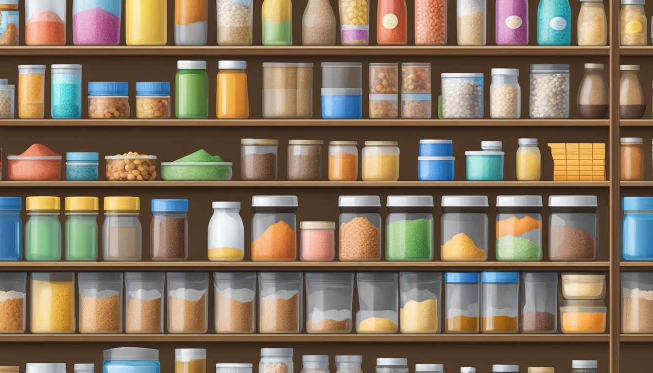 A pantry shelf with various powdered drink mix containers, some opened and partially used, others still sealed and neatly organized