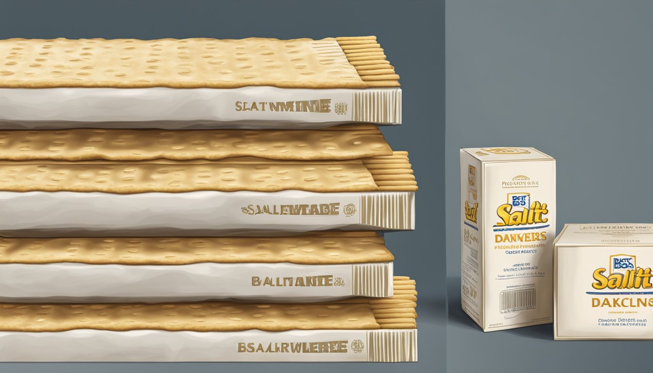 A stack of saltine crackers sits on a shelf, surrounded by a sealed package and a best-by date printed on the box