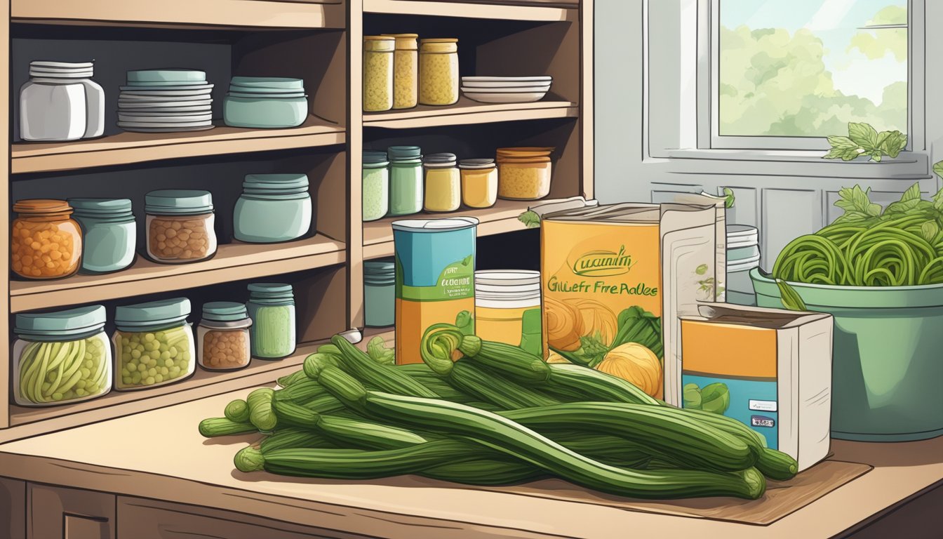 A kitchen scene with a package of gluten-free zucchini noodles sitting on a shelf, surrounded by other pantry items