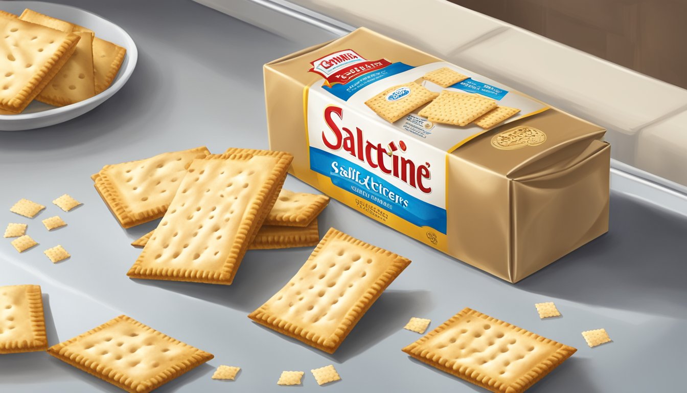 A package of saltine crackers sits open on a kitchen counter, with a few crackers scattered next to it. Some of the crackers appear discolored and have a slightly stale odor