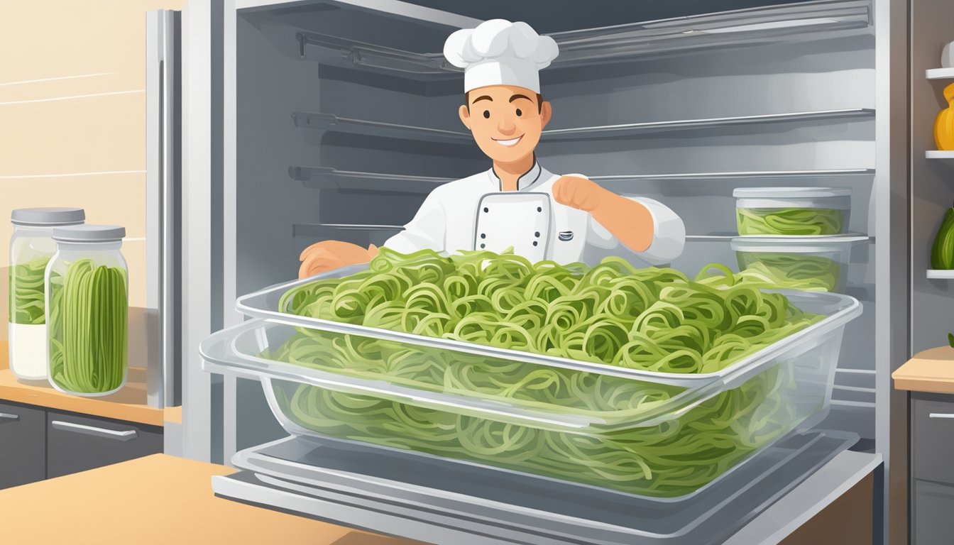 A chef spiralizes zucchini into gluten-free noodles, then sautés them in olive oil. The noodles are stored in an airtight container in the refrigerator