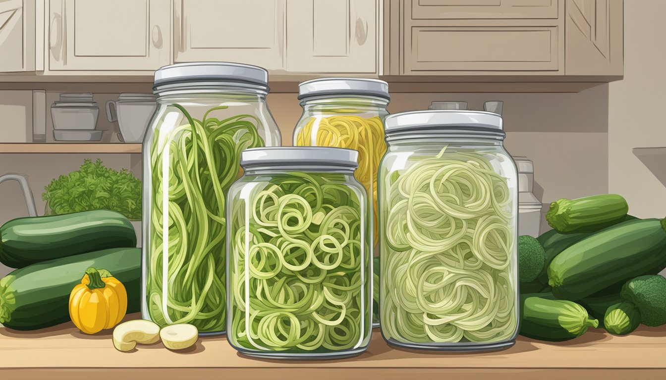 A jar of gluten-free zucchini noodles sits on a shelf, with a label showing the nutritional information. The noodles are surrounded by fresh zucchinis and other vegetables