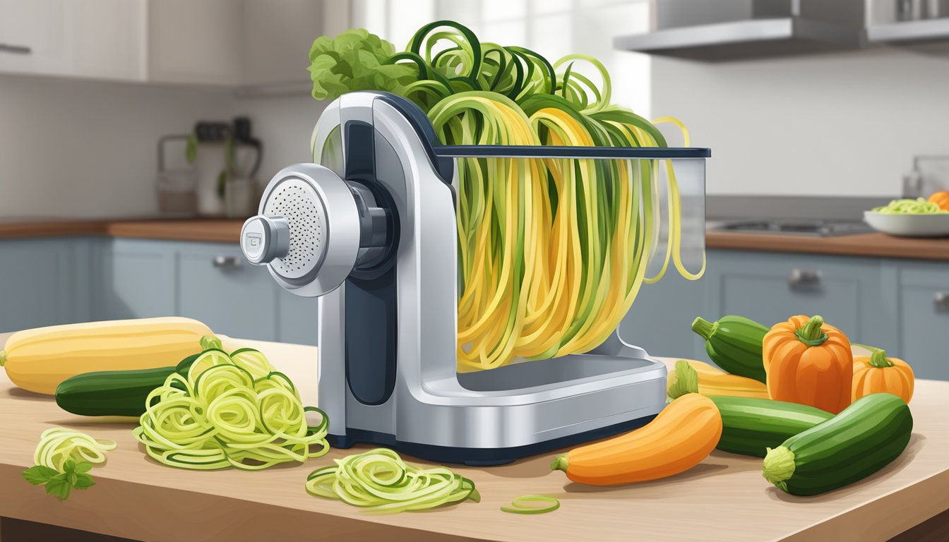 A colorful array of fresh zucchinis, a spiralizer, and a storage container filled with gluten-free zucchini noodles