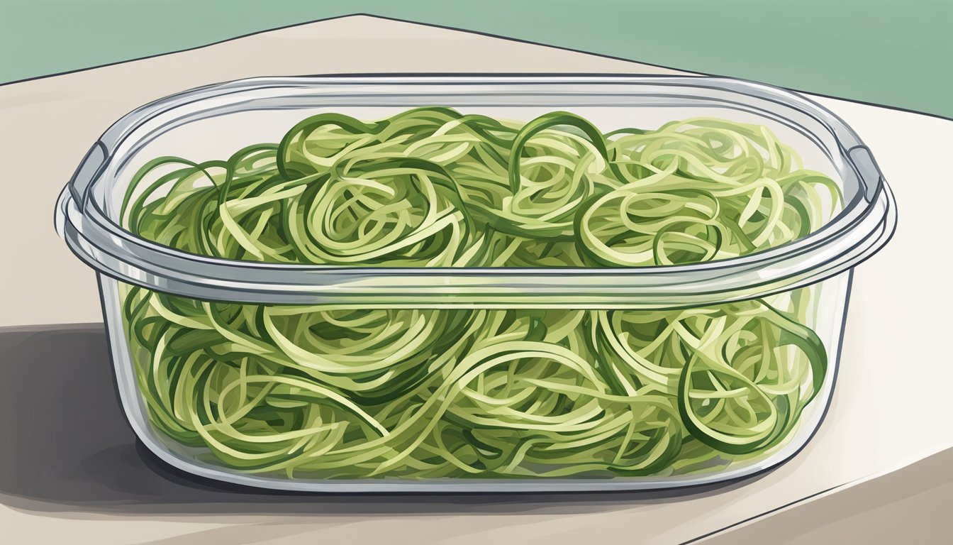 A bowl of gluten-free zucchini noodles stored in an airtight container in the refrigerator