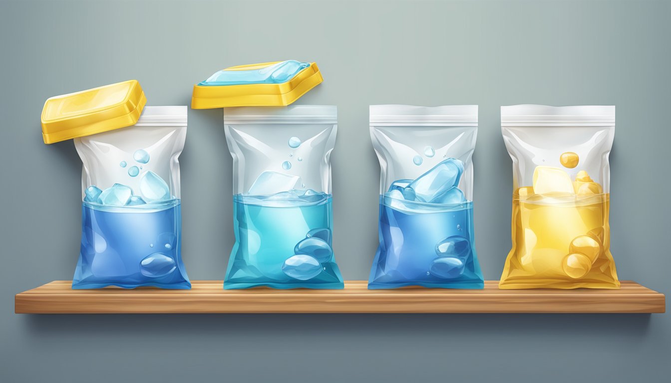 Several water pouches arranged on a shelf, with one pouch partially squeezed and water droplets visible