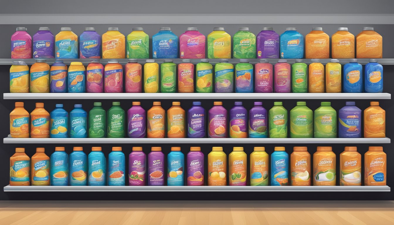 A vibrant array of powdered sports drink canisters lined up on a shelf, with various flavors and sizes on display