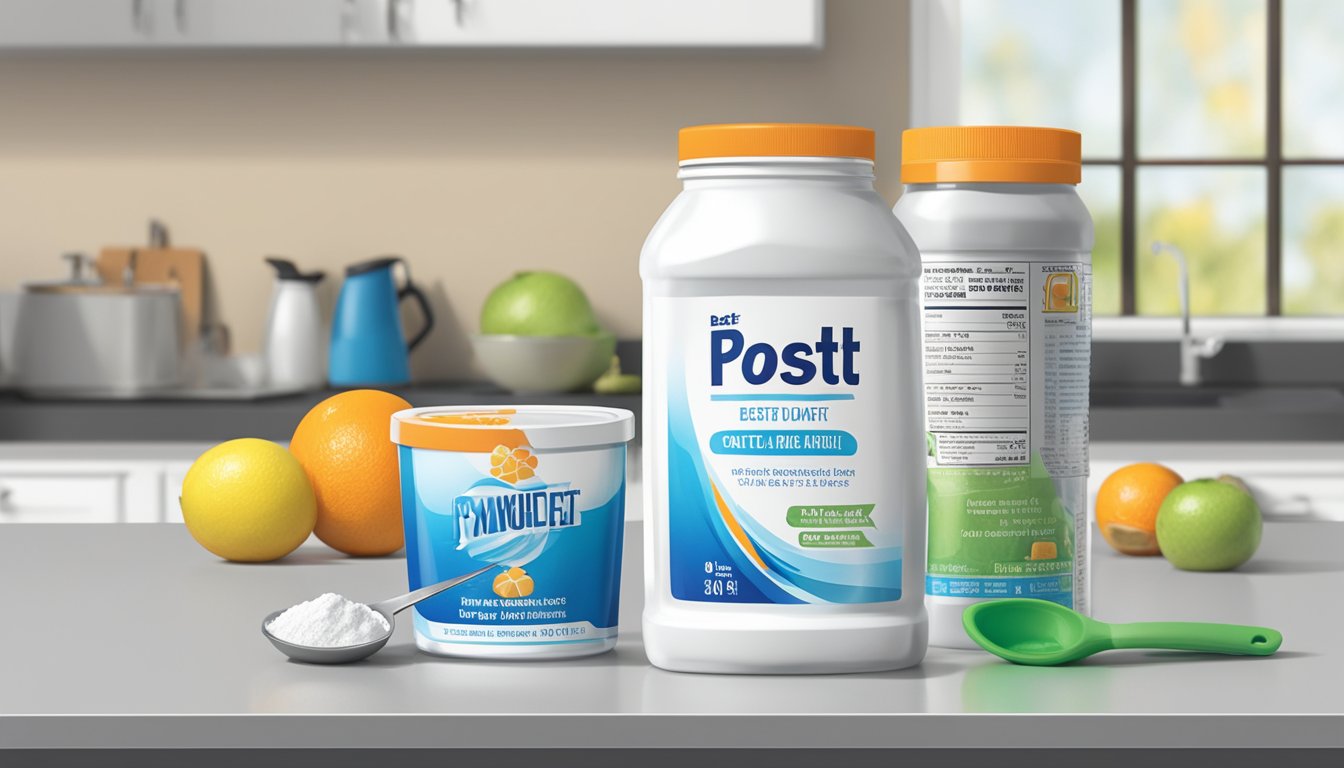 A jar of powdered sports drink sits on a kitchen counter, next to a glass of water and a measuring scoop. The label on the jar indicates a "best by" date