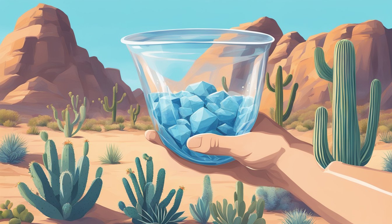 A hand reaching for a water pouch, surrounded by a desert landscape with a clear blue sky and a few scattered cacti