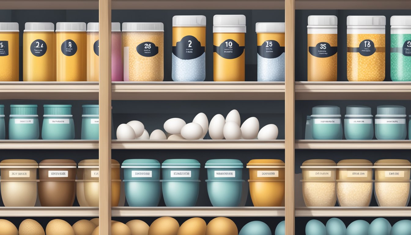 A shelf with labeled containers of powdered eggs, expiry date visible