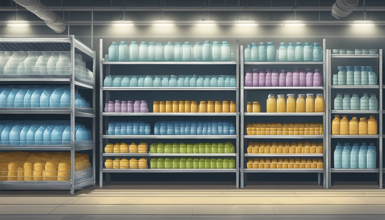 A shelf lined with rows of water pouches, some partially obscured by dust, in a dimly lit storage room