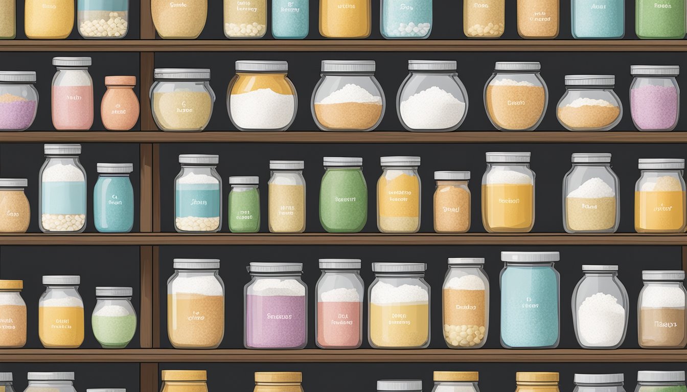 A pantry shelf with a row of labeled jars filled with powdered eggs, alongside a calendar showing the expiration date