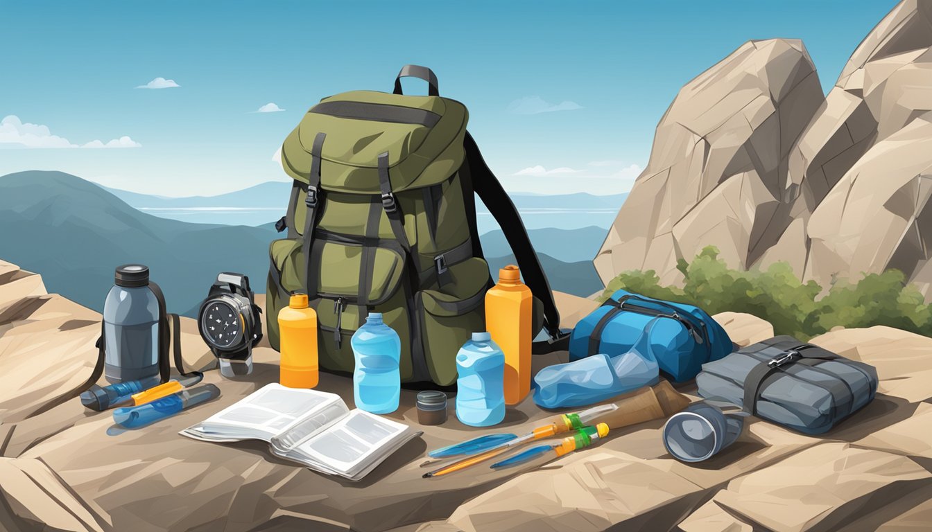 A backpack with survival equipment, including water pouches, laid out on a rocky terrain with a clear blue sky in the background