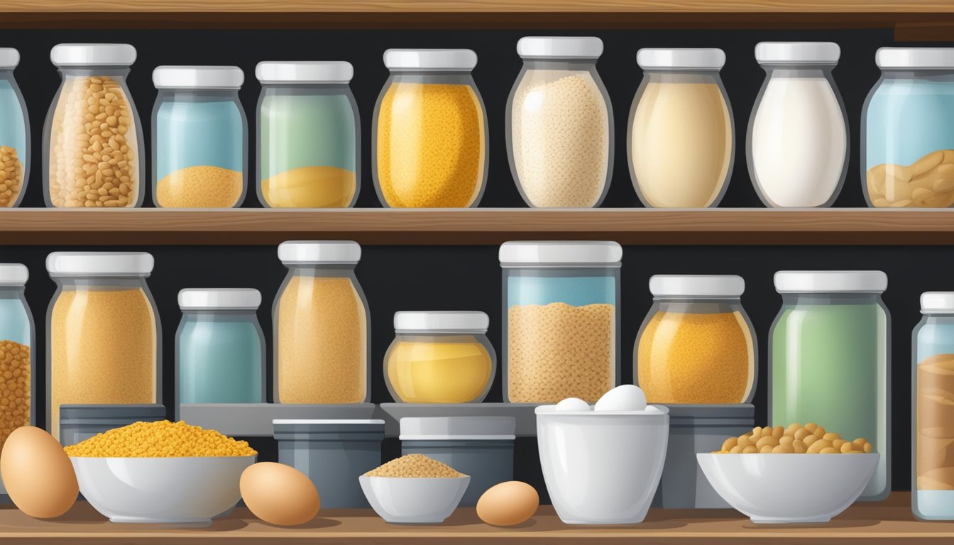 A pantry shelf with a sealed container of powdered eggs, surrounded by other dry goods and kept away from direct sunlight and moisture