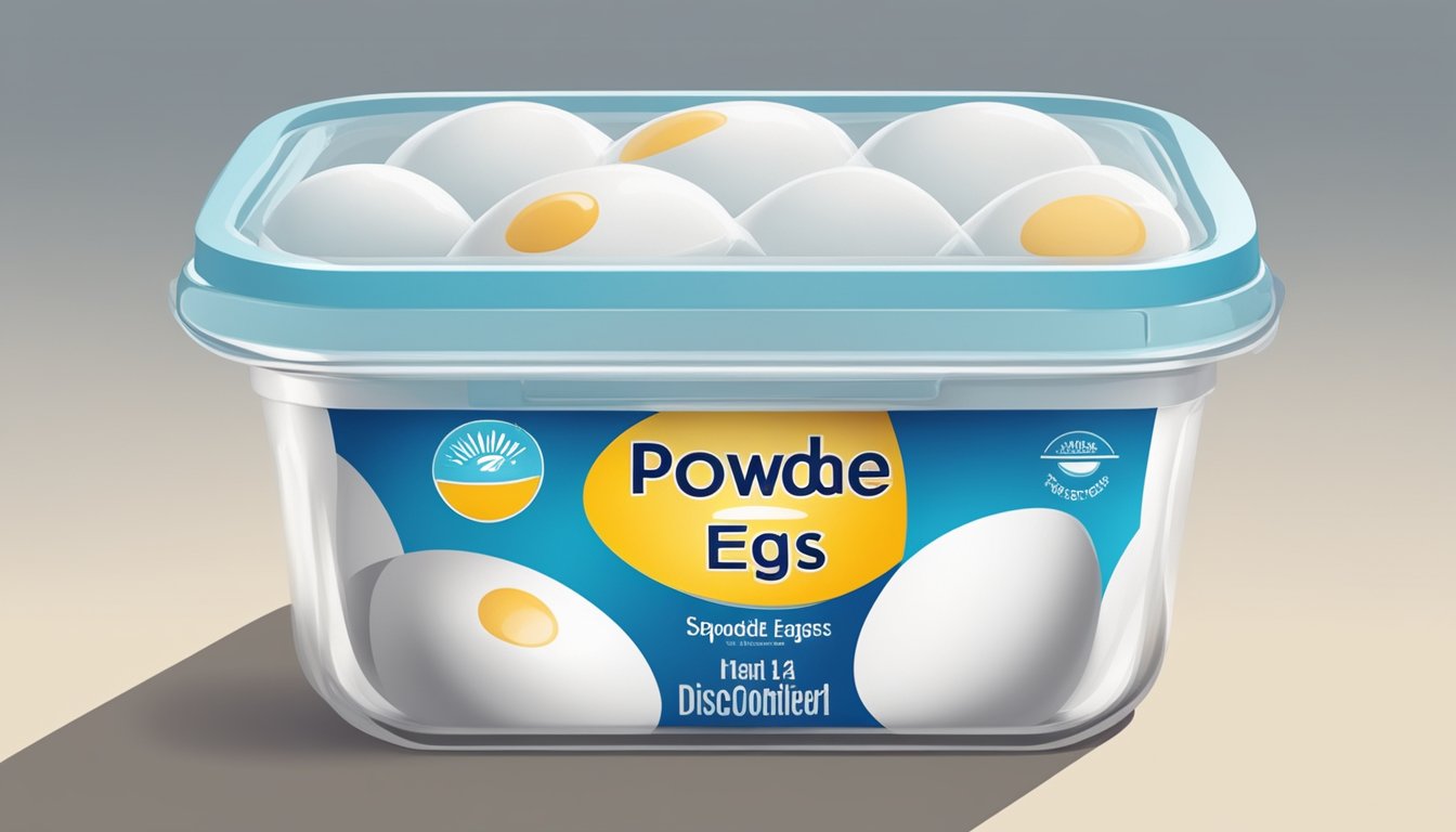 A sealed container of powdered eggs with a best-by date and visible signs of spoilage, such as clumping or discoloration