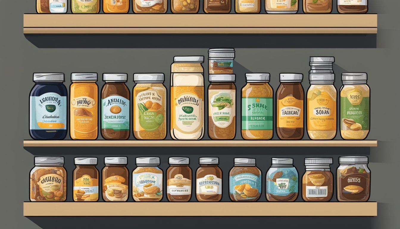 Jars of specialty spreads arranged on shelves with expiration dates visible