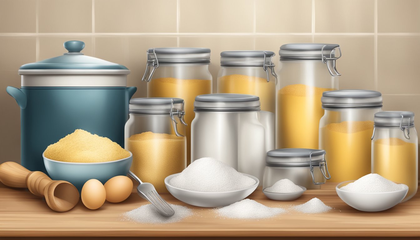 A kitchen shelf with a sealed container of powdered eggs, surrounded by baking ingredients and utensils