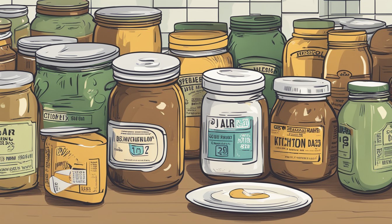 A jar of specialty spread sits on a kitchen counter, surrounded by various expiration dates on other food items