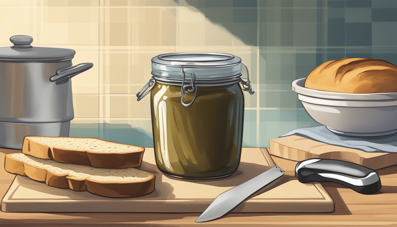 A jar of specialty spread sits on a kitchen counter, next to a loaf of bread and a knife. The lid is slightly ajar, indicating recent use