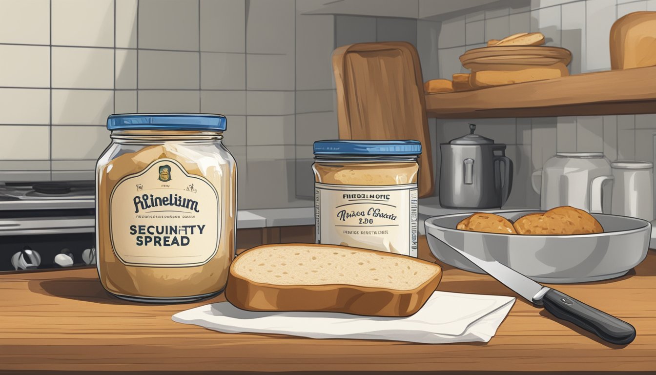 A jar of specialty spread sits on a kitchen counter next to a loaf of bread and a knife. The lid is slightly ajar, indicating recent use