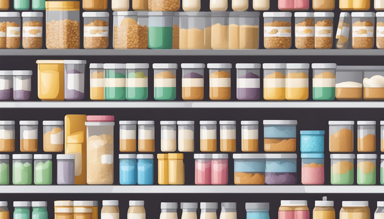 A pantry shelf filled with powdered egg containers, some open, some sealed, with expiration dates visible