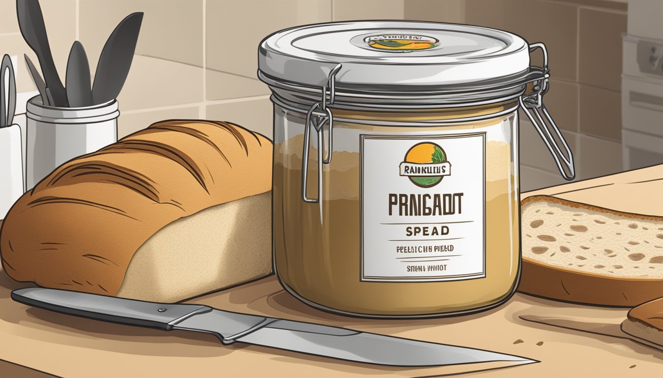 A jar of specialty spread sits open on a kitchen counter, surrounded by fresh bread and a knife. The lid is nearby, showing the logo of the brand