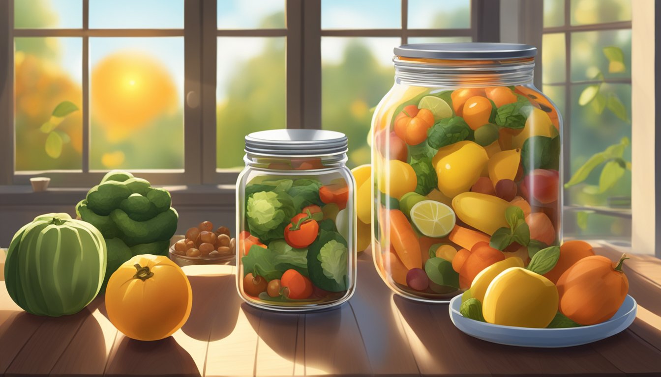 A jar of specialty spread sits open on a wooden table, surrounded by local fruits and vegetables. The sun shines through a window, casting a warm glow on the scene