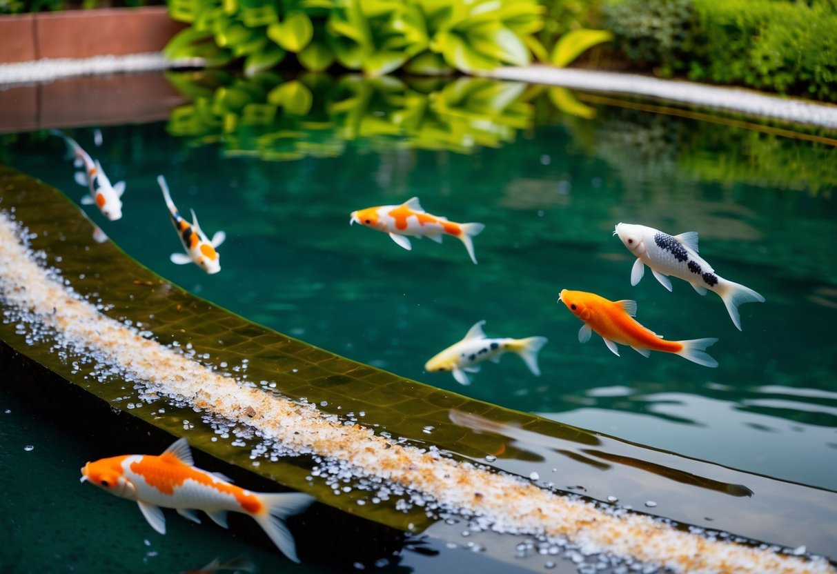 A serene koi pond with salt crystals sprinkled along the water's edge, surrounded by lush greenery and colorful fish swimming gracefully