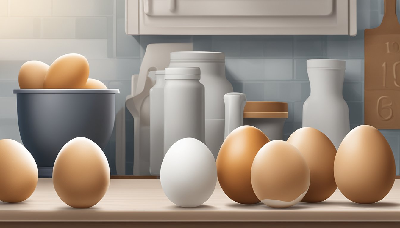 A carton of whole eggs sits on a kitchen counter, with a calendar on the wall in the background. The eggs are starting to show signs of spoilage, with cracks and a slight odor