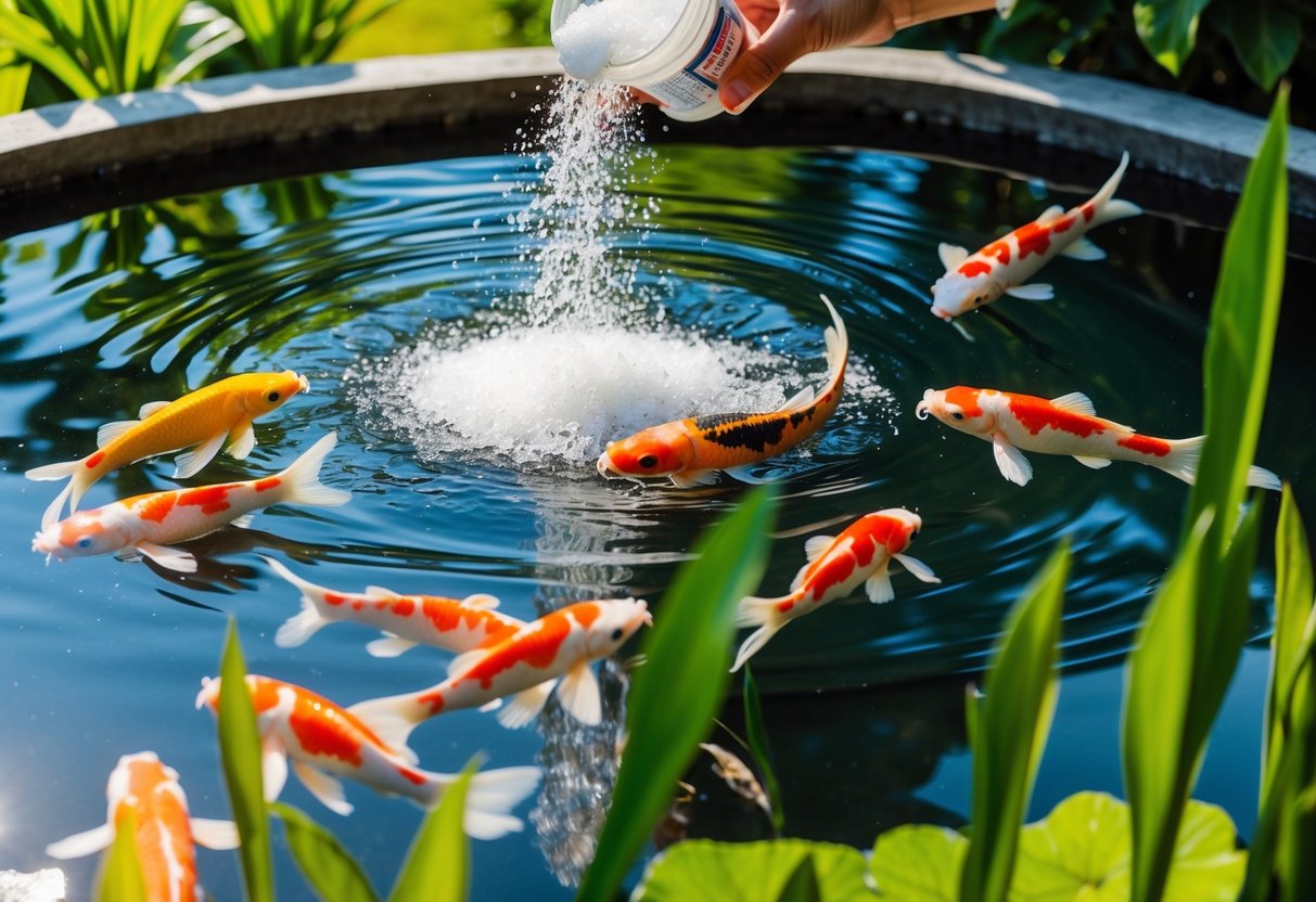 A serene koi pond with shimmering water and lush green plants, where a small amount of salt is being sprinkled into the water, creating a tranquil and healthy environment for the colorful koi fish