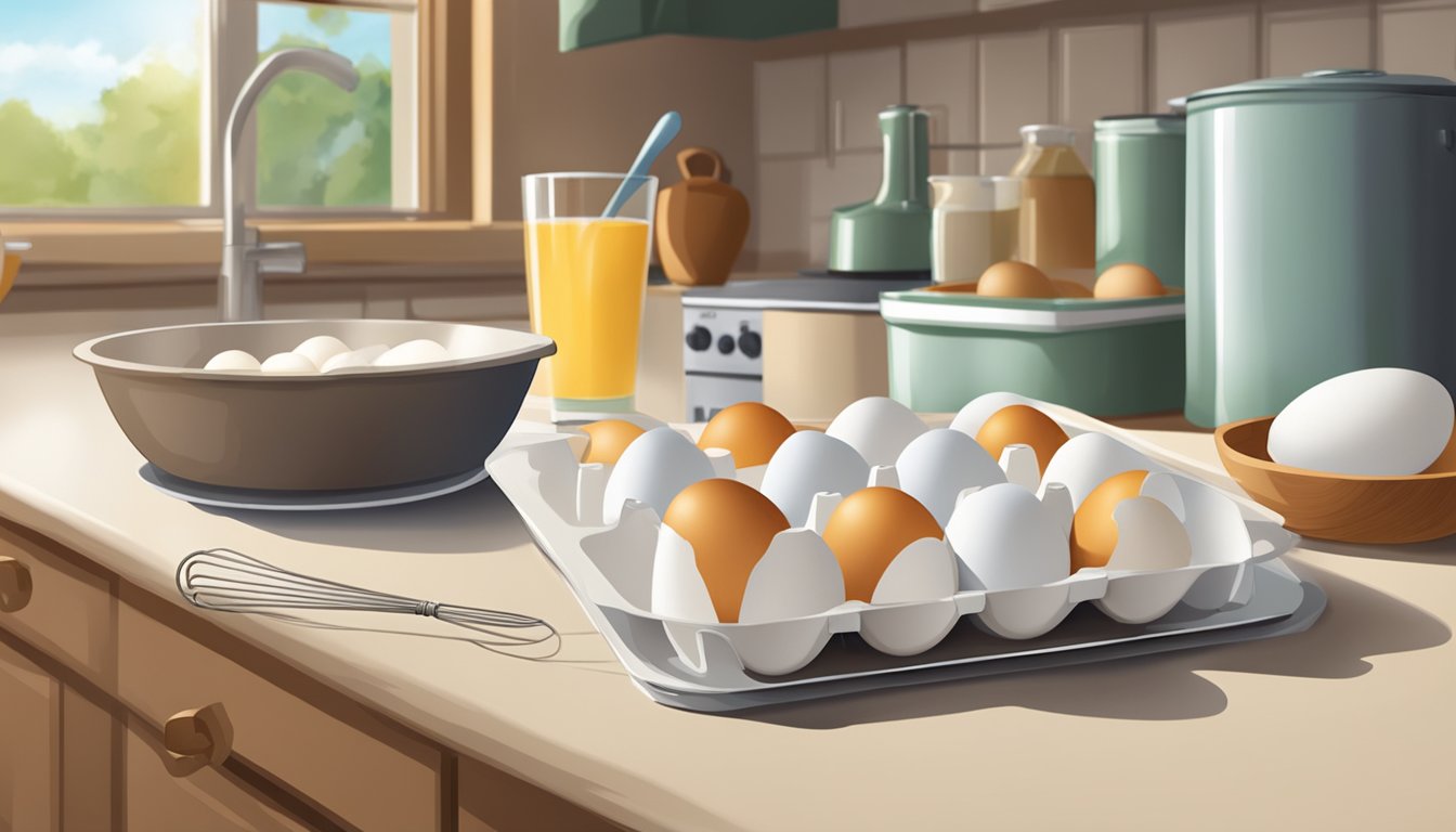 A carton of whole eggs sits on a kitchen counter, next to a bowl and a whisk. The eggs are fresh and uncracked, ready for use in food preparation