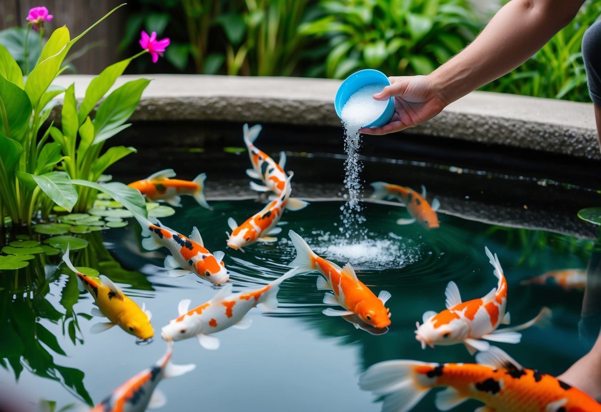 A serene koi pond with clear water, lush green plants, and vibrant fish swimming gracefully. A small amount of salt is being carefully added to the water by a person standing at the edge of the pond