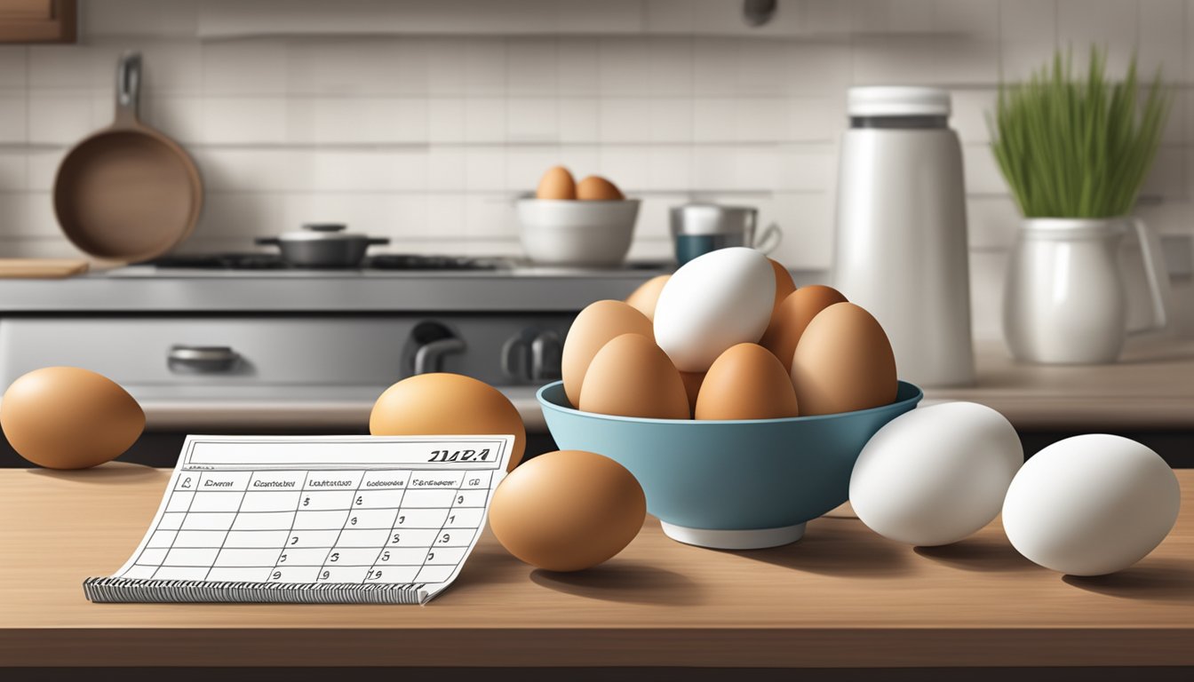 A carton of eggs sitting on a kitchen counter, with a calendar in the background marking the current date and an expiration date written on the carton