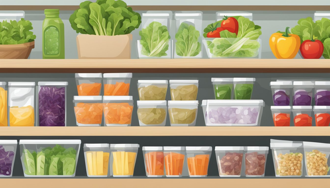 A variety of salad kits arranged on a shelf, with fresh lettuce, vegetables, and dressing packets displayed prominently