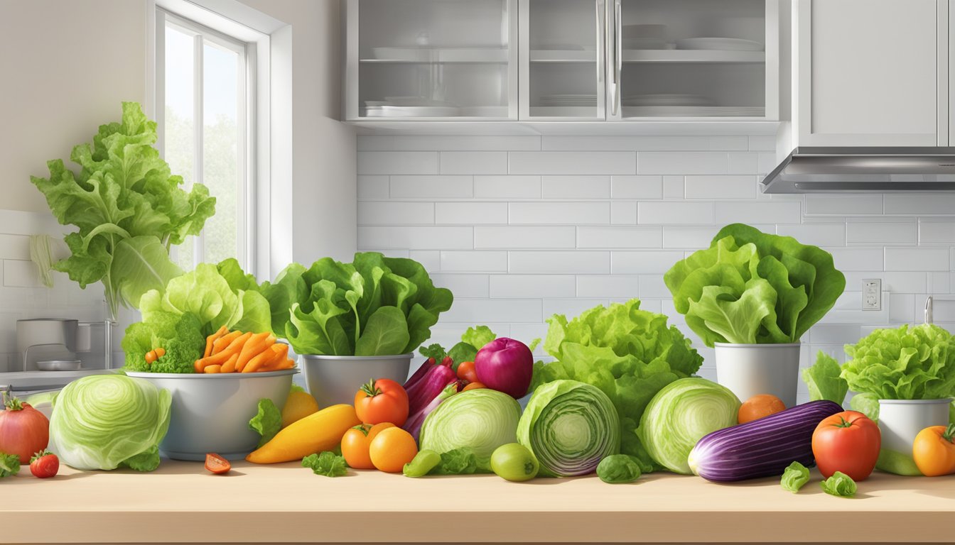 A colorful array of crisp lettuce, vibrant vegetables, and juicy fruits arranged on a clean, modern kitchen counter. A calendar on the wall shows the current date