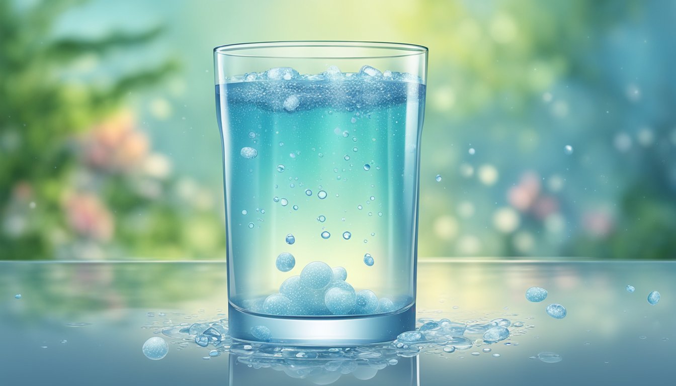 A clear glass of water with a water purification tablet dissolving, surrounded by floating pathogens