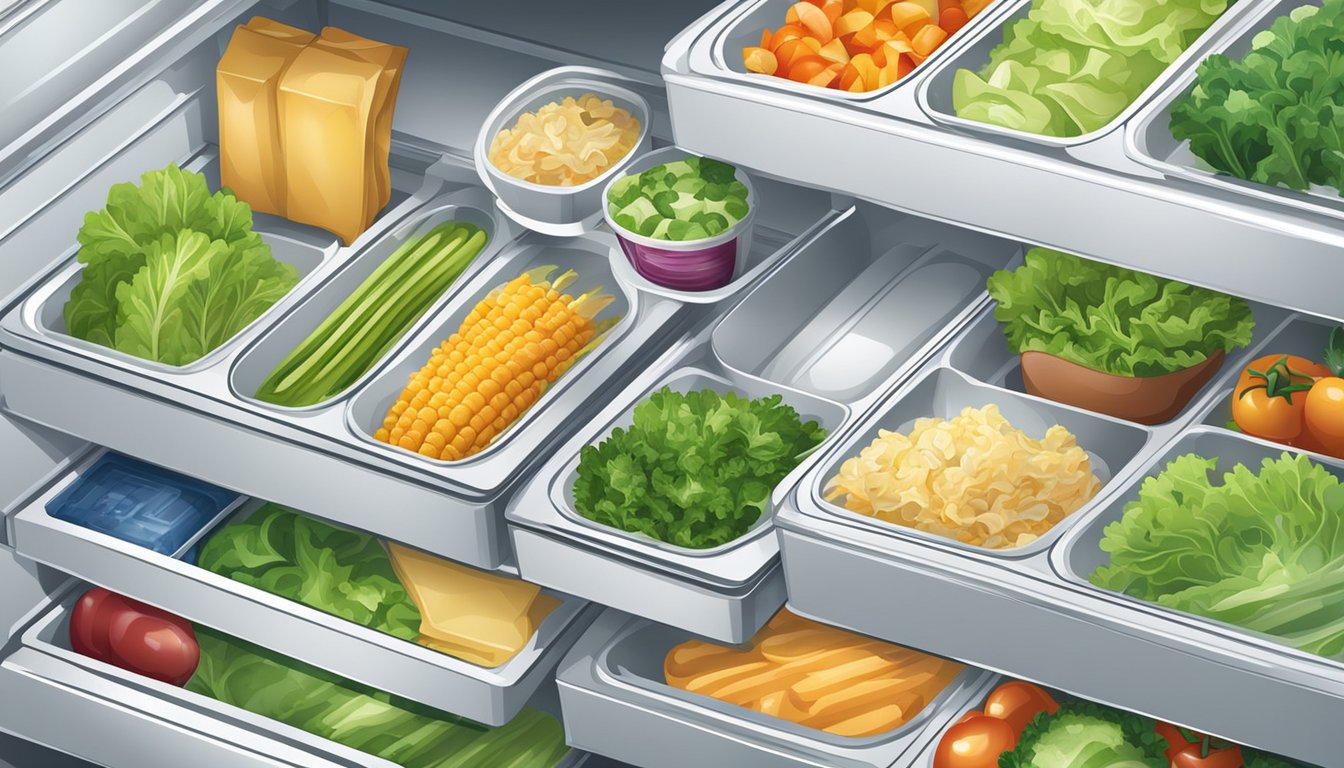 A refrigerator shelf filled with various salad kits in different packaging, some open and partially used, others unopened and neatly arranged