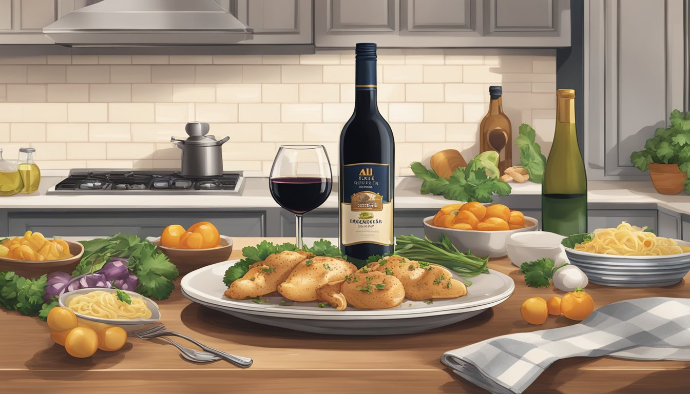 Aldi's Specially Selected Chicken Marsala package on a kitchen counter, surrounded by fresh ingredients and a wine glass