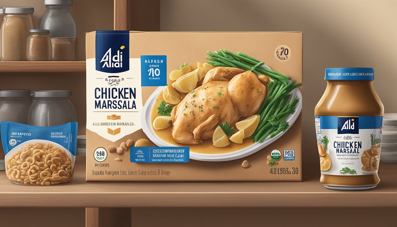 A package of Aldi's specially selected chicken marsala sits on a kitchen shelf, surrounded by other groceries. The expiration date is clearly visible on the packaging