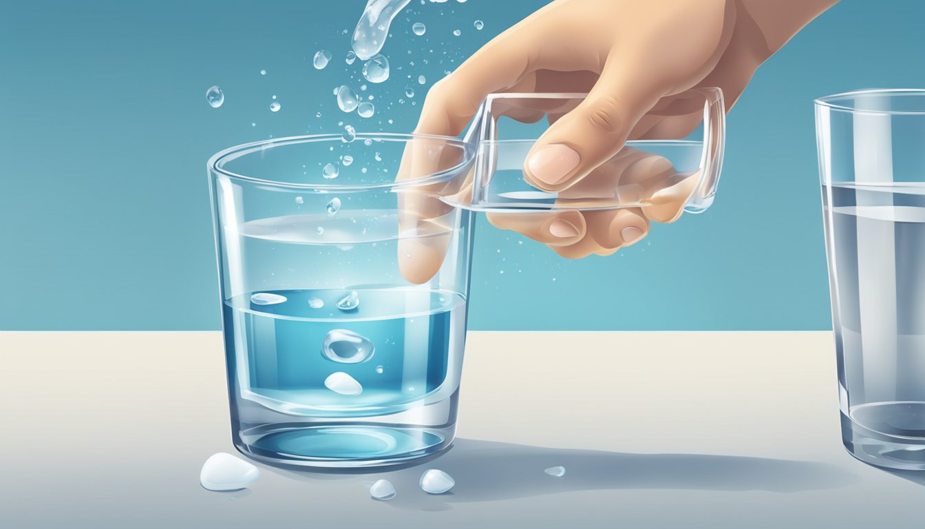 A hand dropping a water purification tablet into a clear glass of water, with the tablet dissolving and the water becoming clear