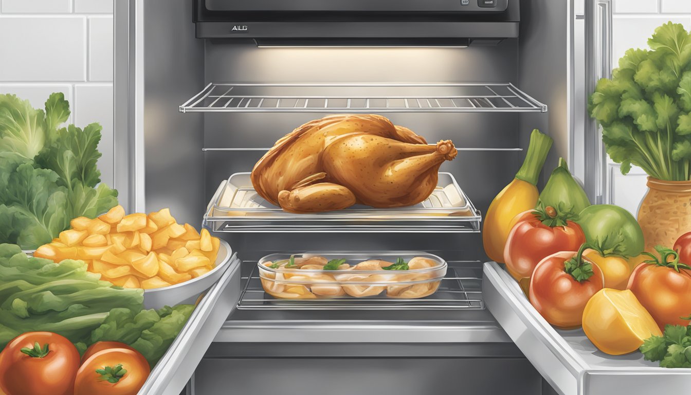 A sealed package of Aldi's specially selected chicken marsala stored in a refrigerator with other fresh produce