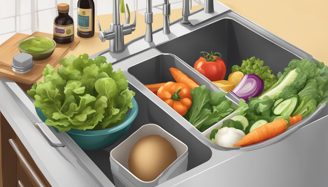 A kitchen counter with a partially opened salad kit, surrounded by fresh vegetables and a compost bin