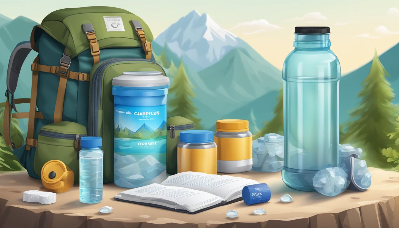 A package of water purification tablets next to a clear water bottle, a camping stove, and a backpack