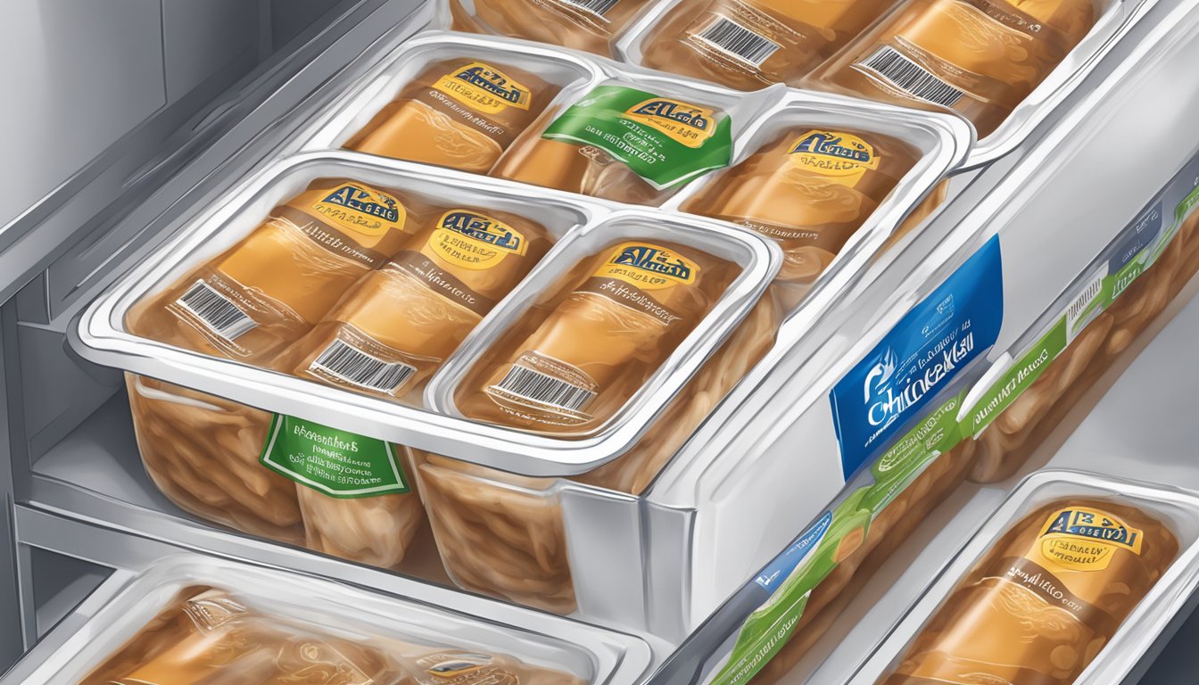 A package of Aldi's specially selected chicken marsala sits in a refrigerator, with a visible expiration date