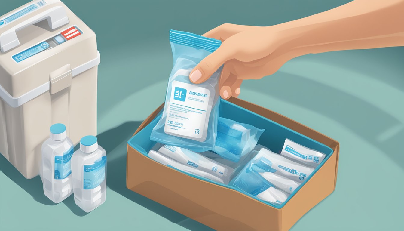 A hand reaching into an emergency kit, pulling out a water purification tablet package with an expiration date clearly visible